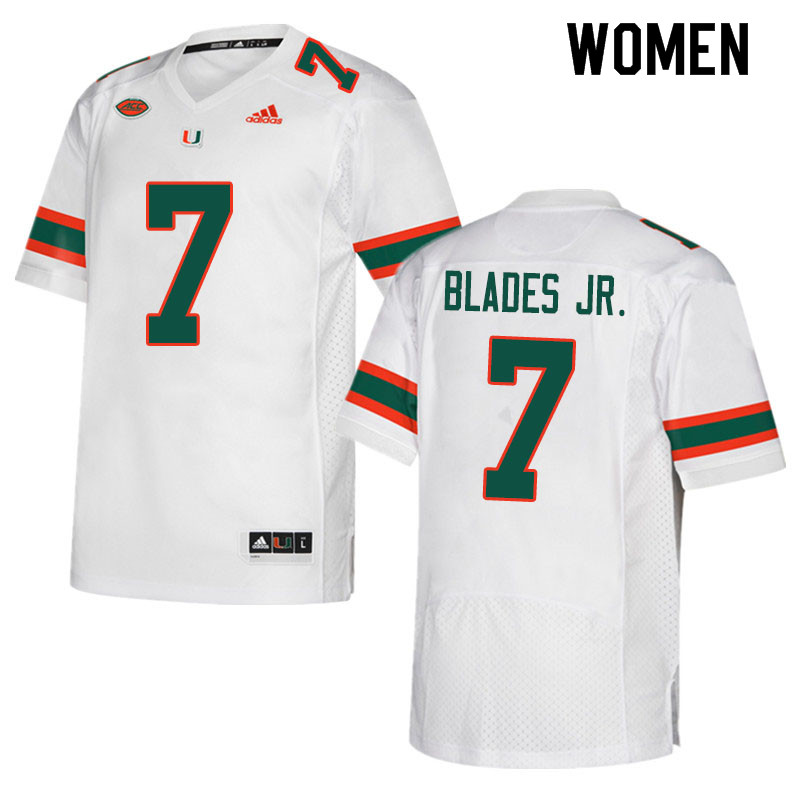 Women #7 Al Blades Jr. Miami Hurricanes College Football Jerseys Sale-White - Click Image to Close